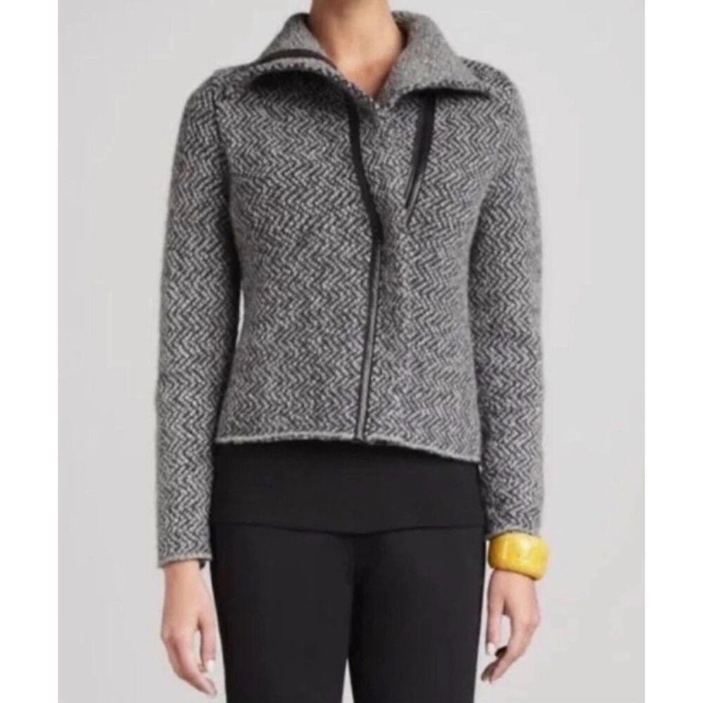 EILEEN FISHER Organic Wool, Alpaca, Lamb Leather High Neck Moto Jacket, Sz M